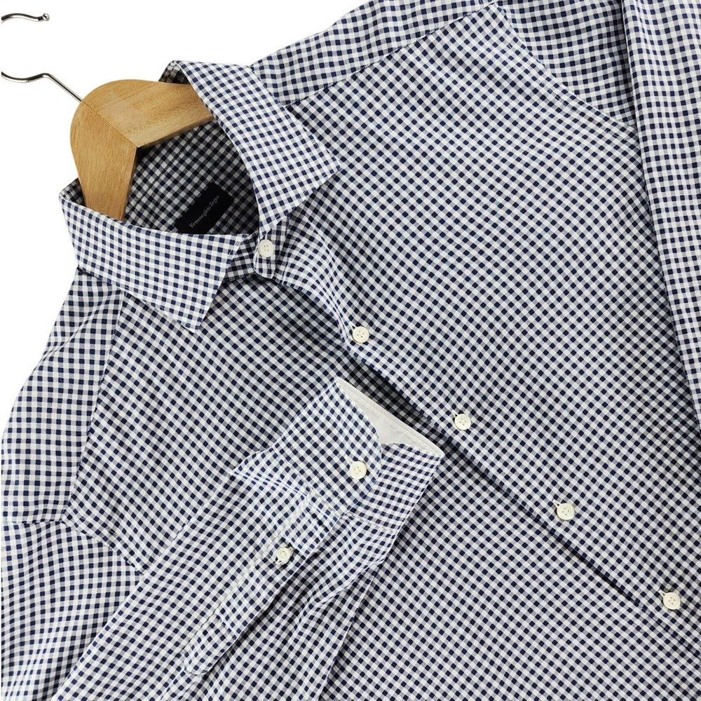 Ermenegildo Zegna Shirt Mens XL Navy White Gingham Check Long Sleeve Button Up